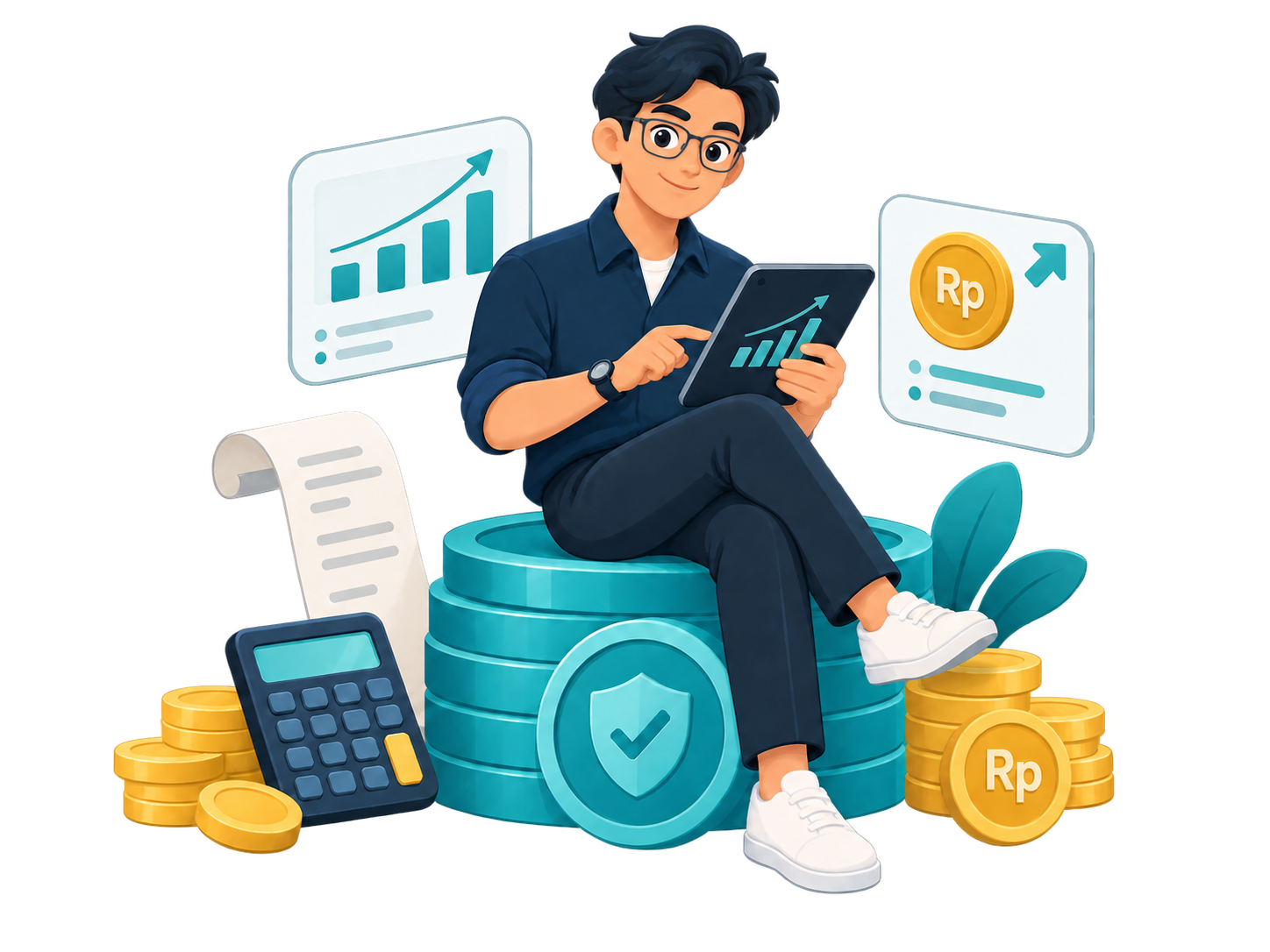 Analis keuangan pria berkacamata memantau grafik bisnis, rupiah, dan laporan